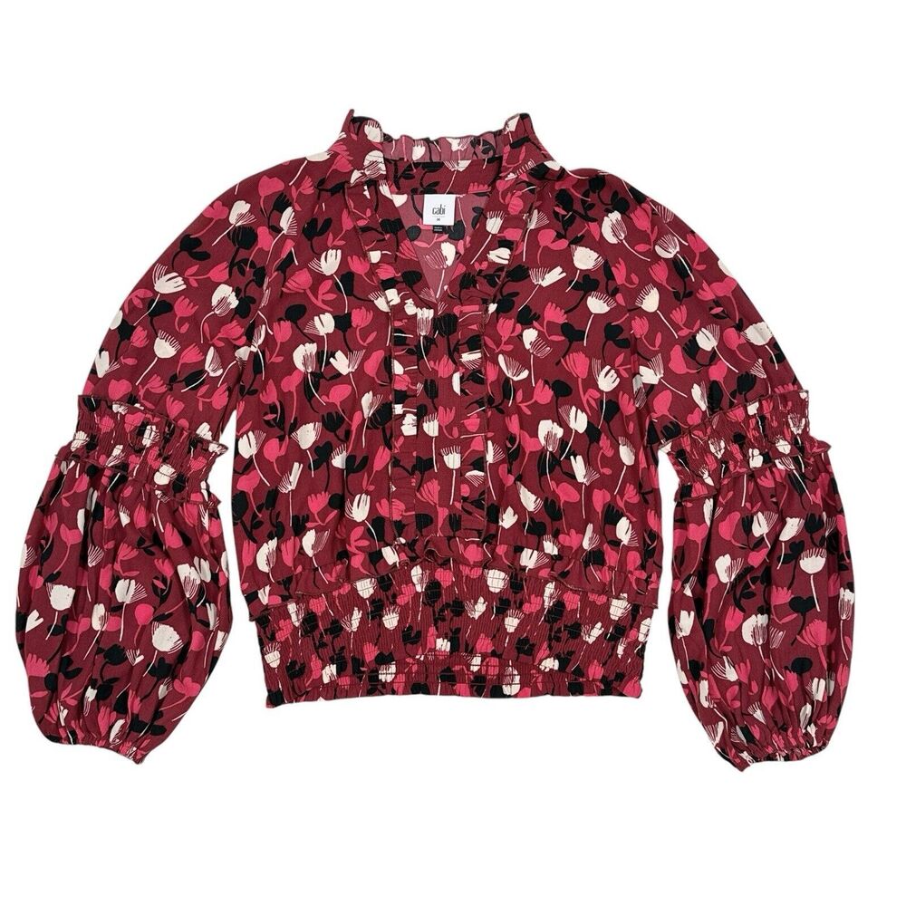CAbi Corsage Blouse Size Medium Red Floral‎ Top Ruffle Balloon Sleeves 4157